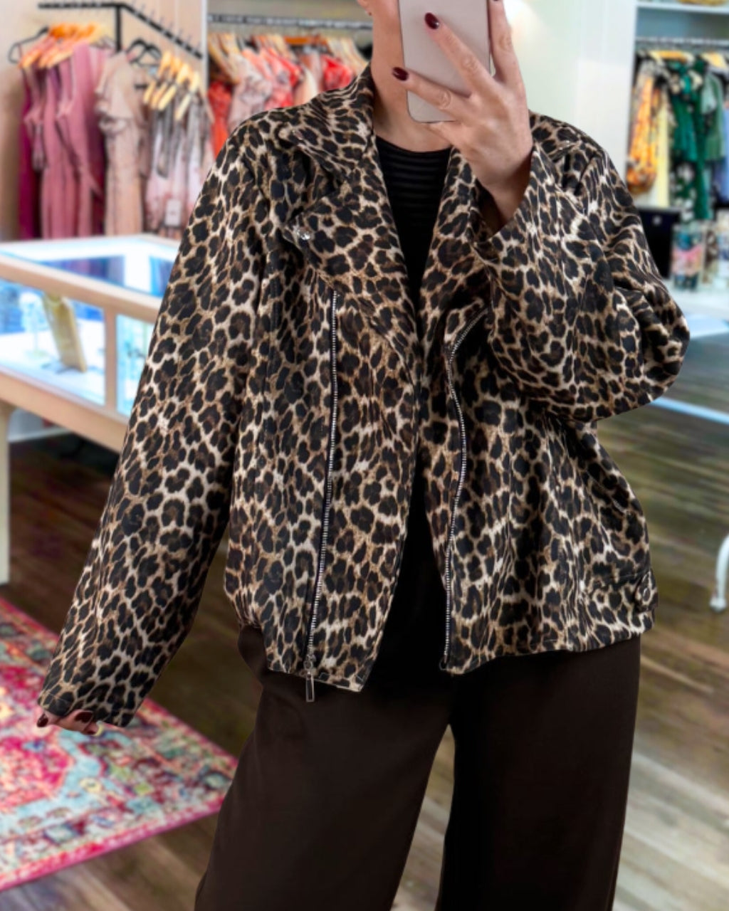 Chic Leopard Washed Biker Jacket