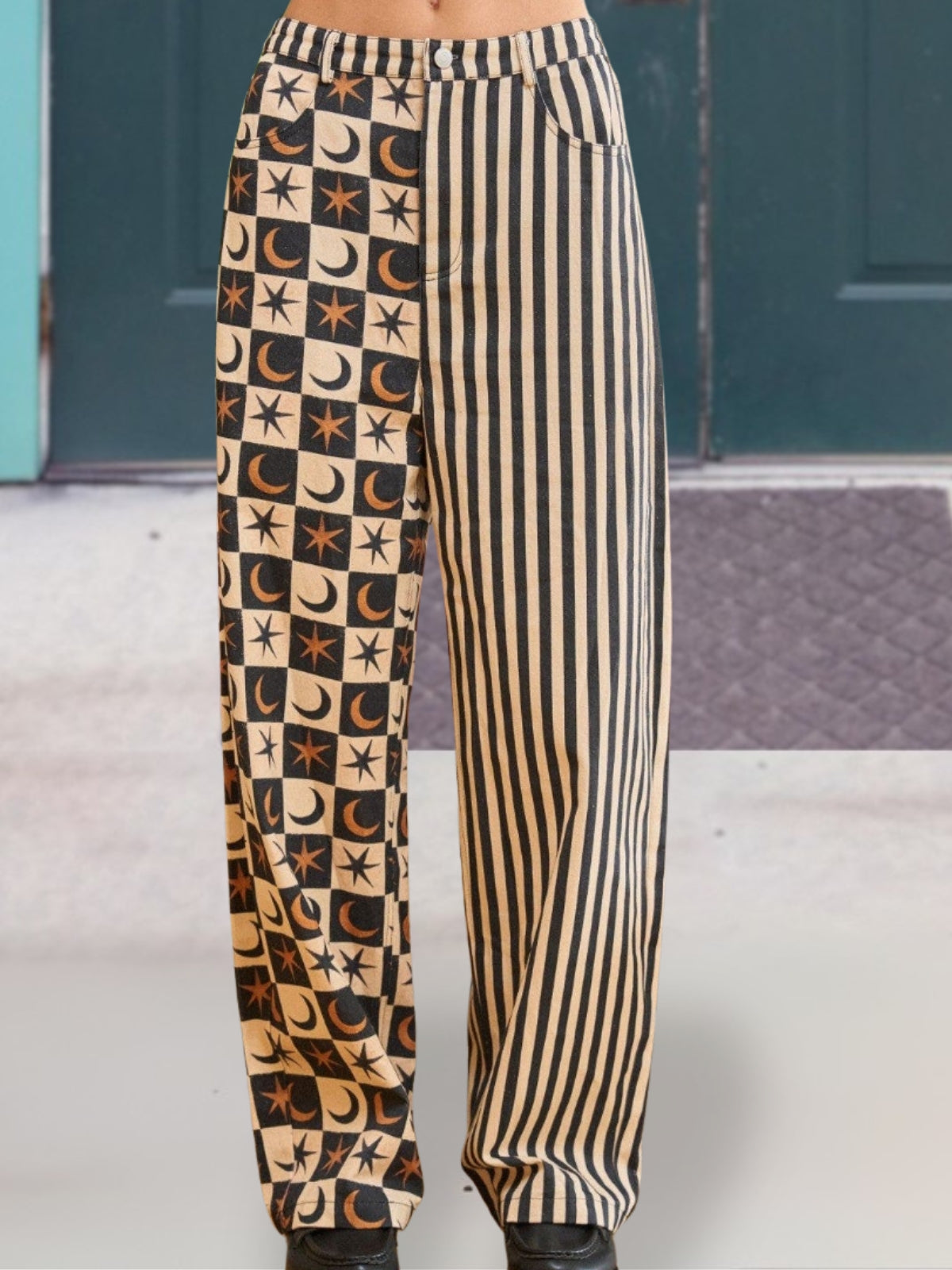 Striped Star Moon Checkerboard Patchwork Pants