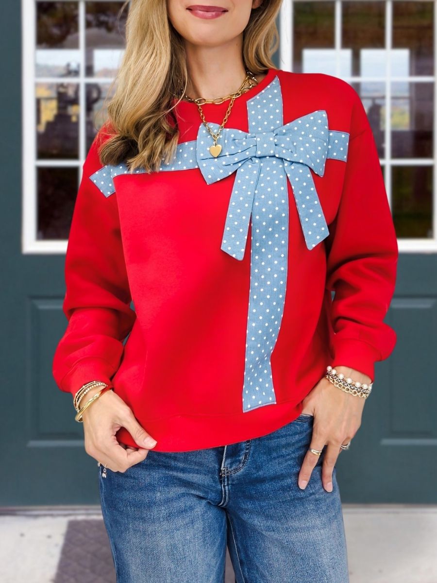 Polka Dot Bow Accent Pullover