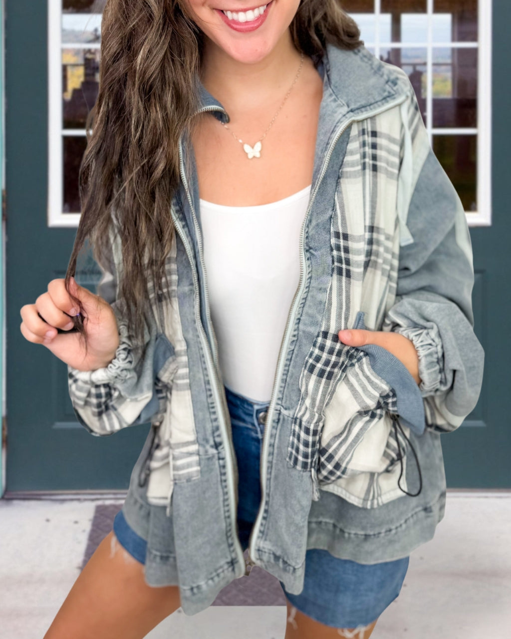 Stylish Plaid Denim Patchwork Jacket
