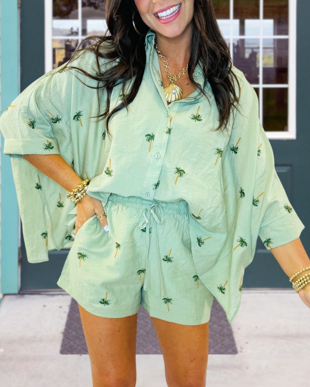 Coconut Tree Embroidered Poplin Set
