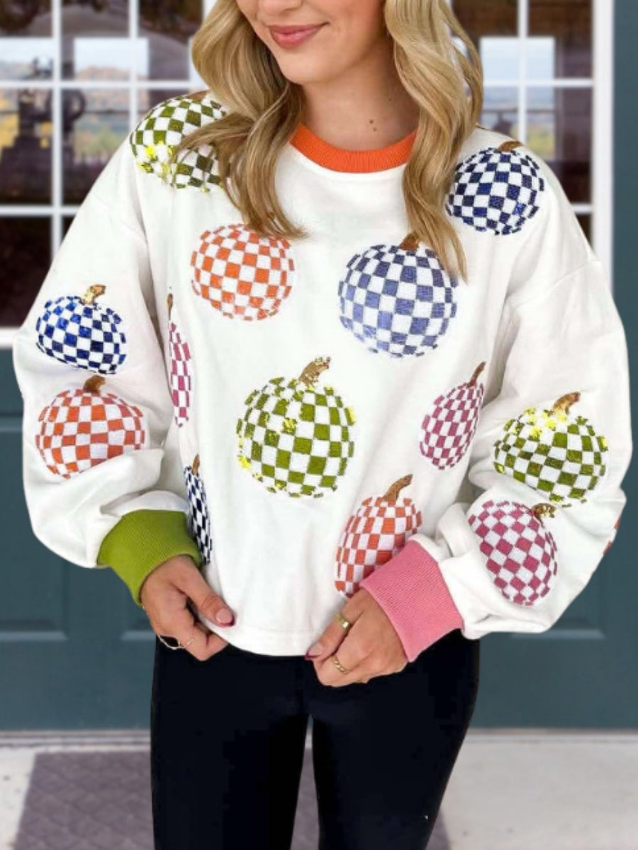 Colorful Sequin Plaid Pumpkin Pullover