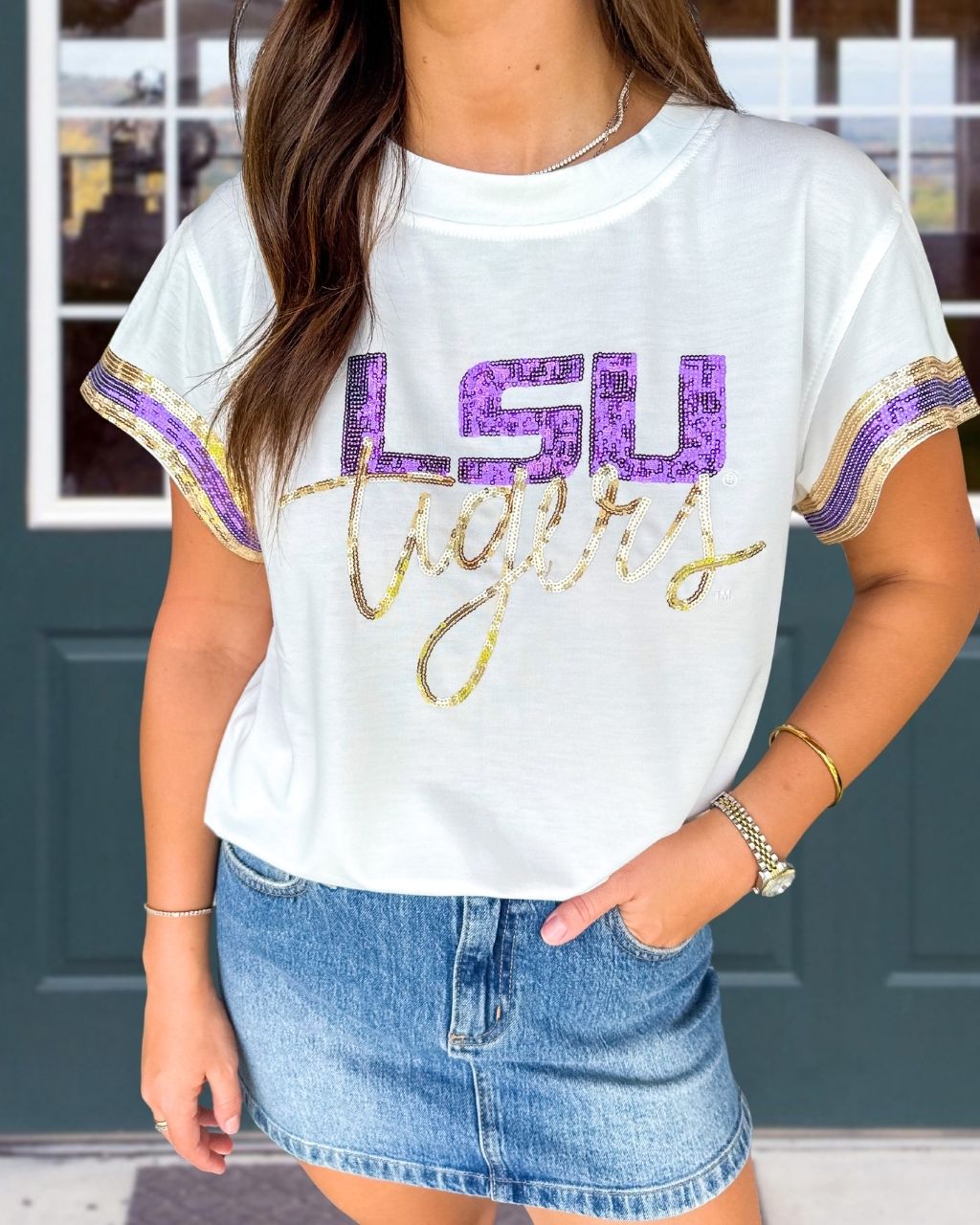 Tigers Striped Trim Sequin T-shirt