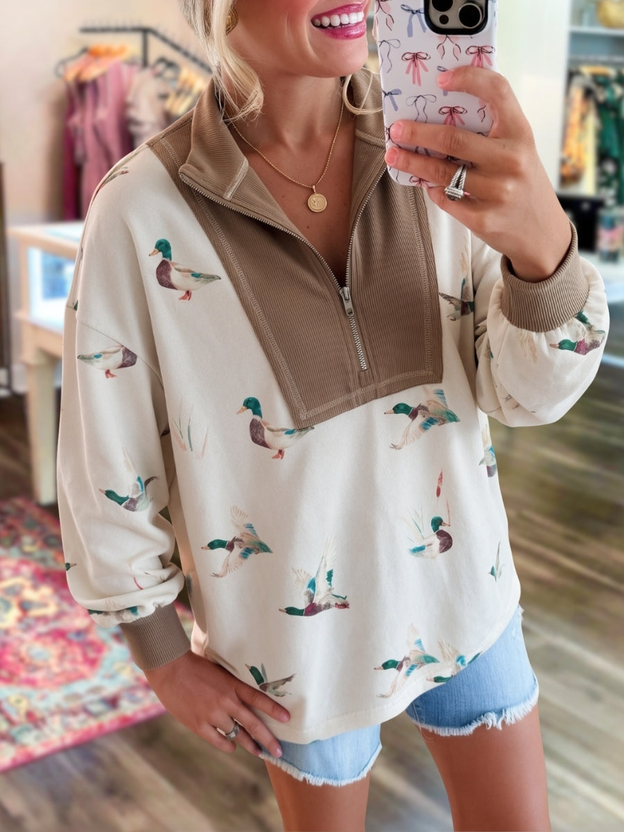 Mallard Duck Print Patchwork Pullover