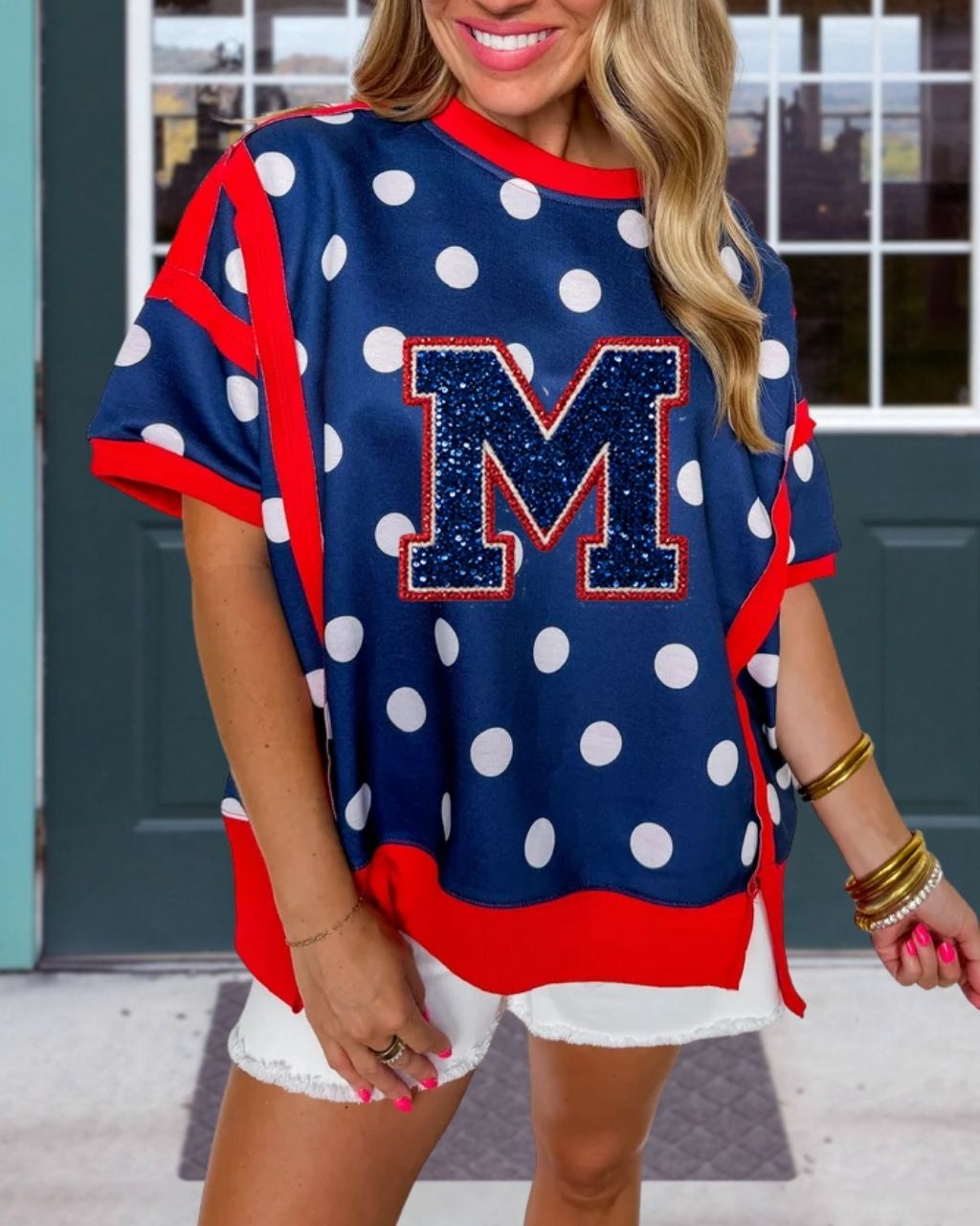 M Logo Sequined Polka Dot Top