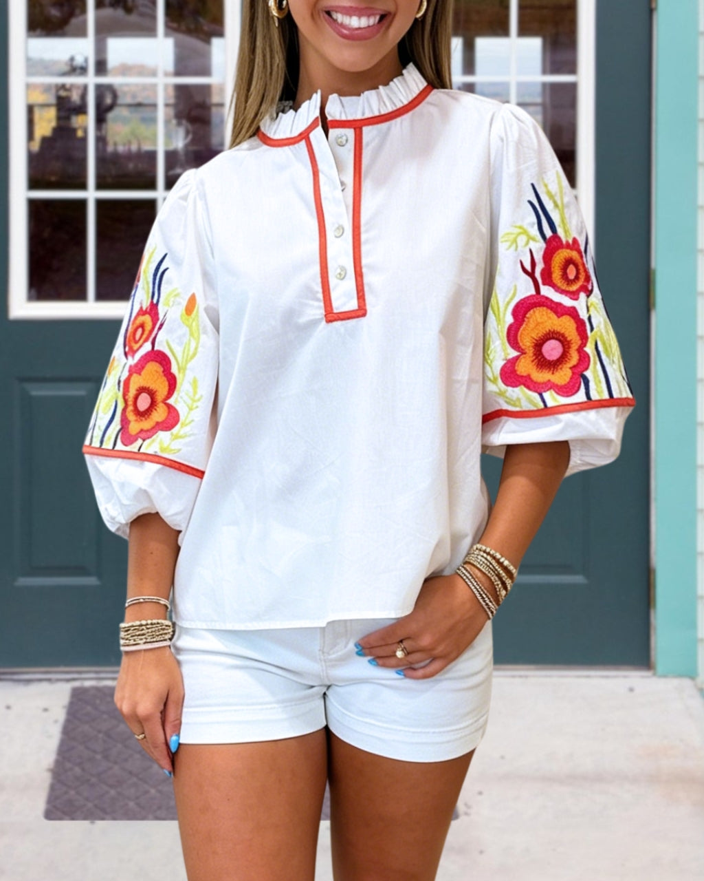Floral Embroidered Poplin Top