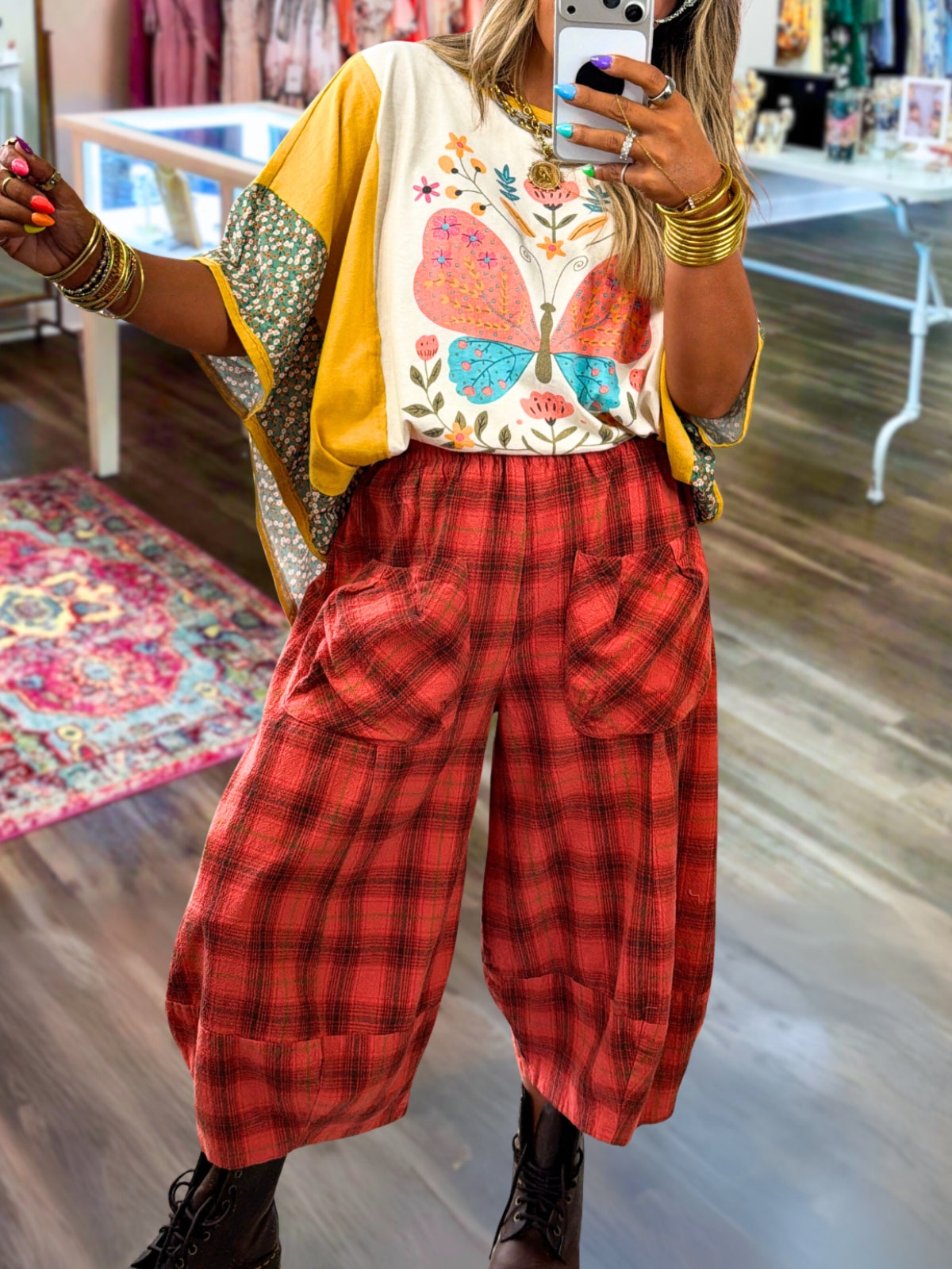 Wool Blend Plaid Wide-Leg Lantern Pants