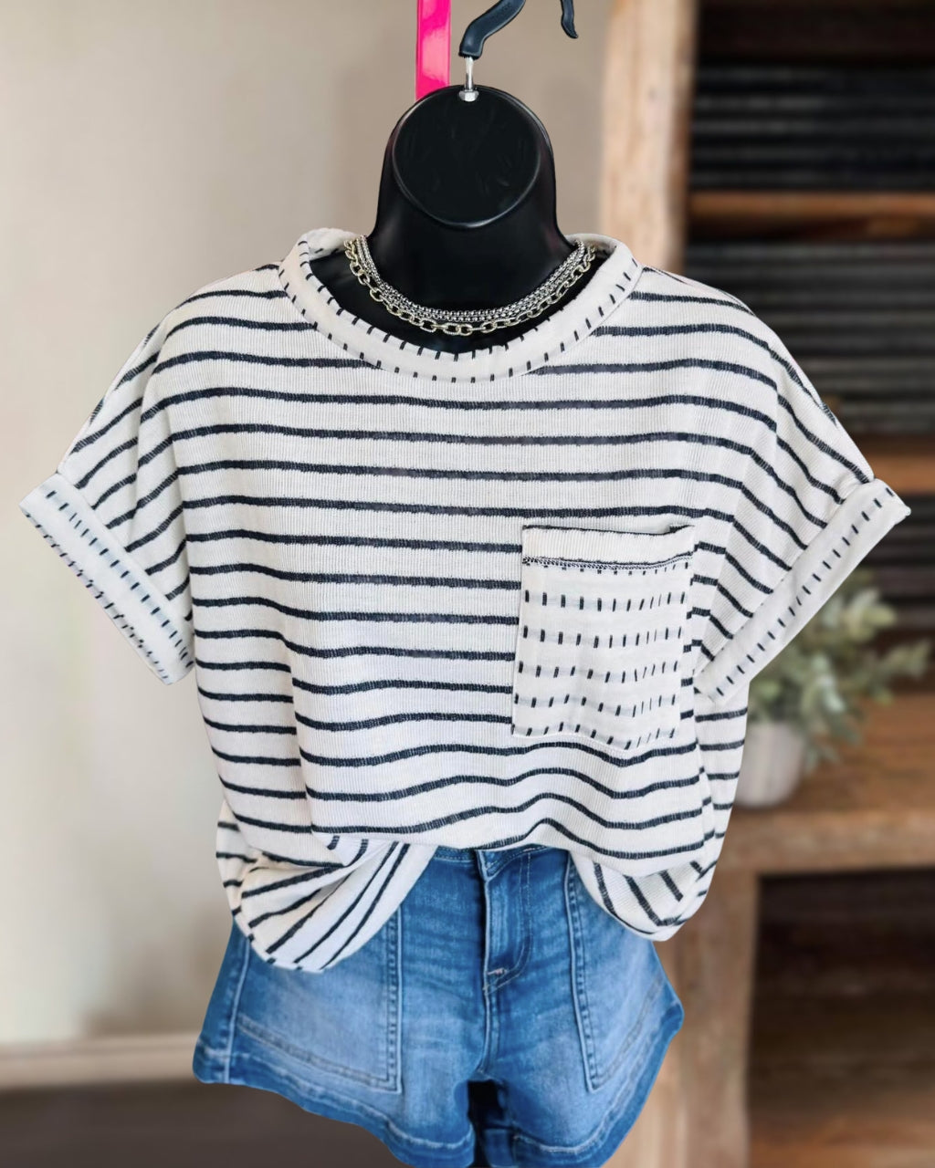 Simple Patch Pocket Striped T-shirt