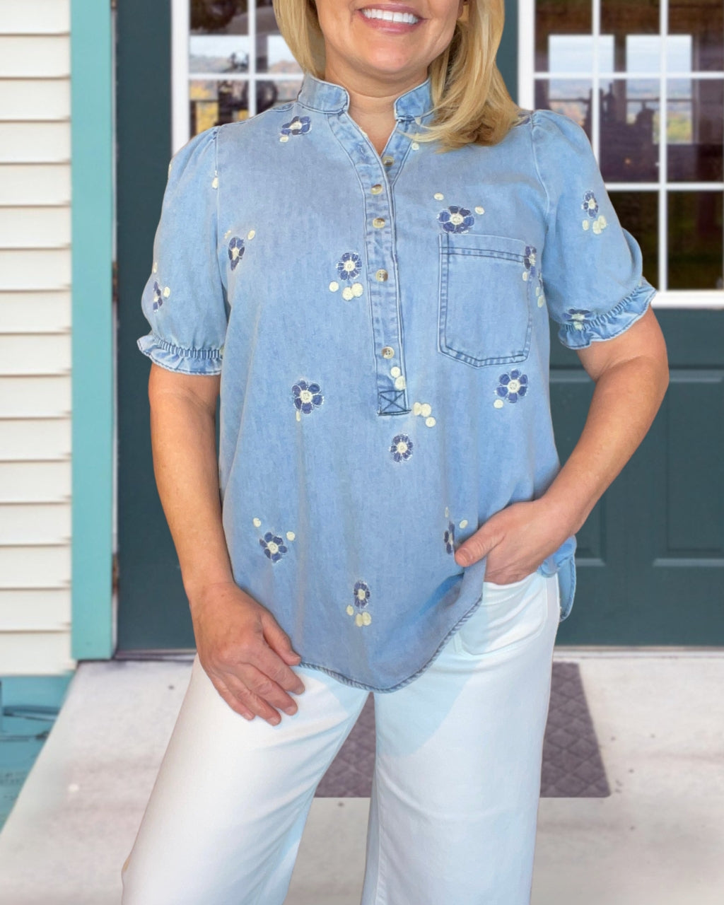 Floral Embroidery Rhinestone Denim Top