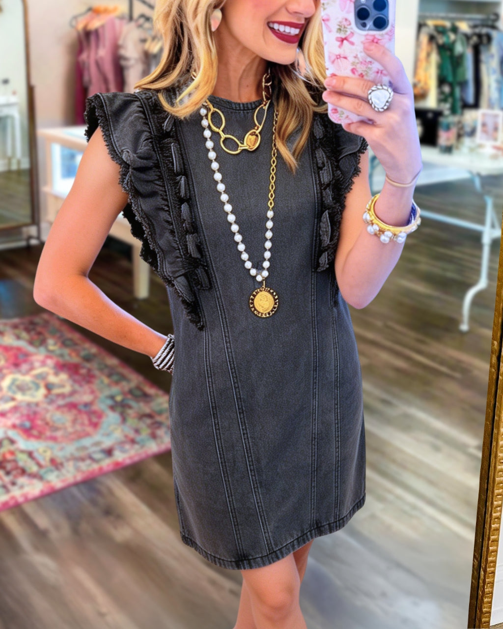 Ruffled Sleeveless Washed Denim Dress