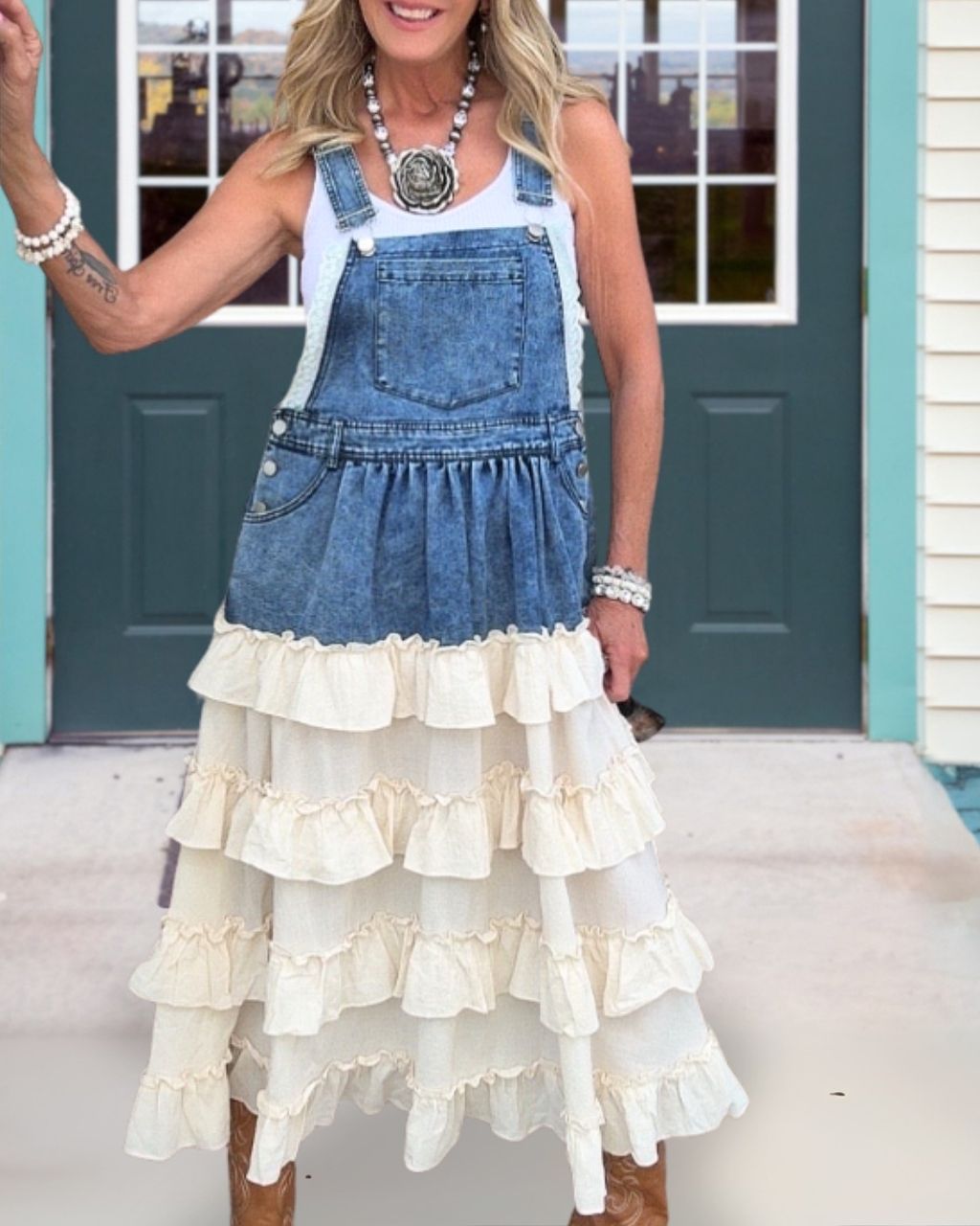 Denim Patchwork Layered Overall Dress