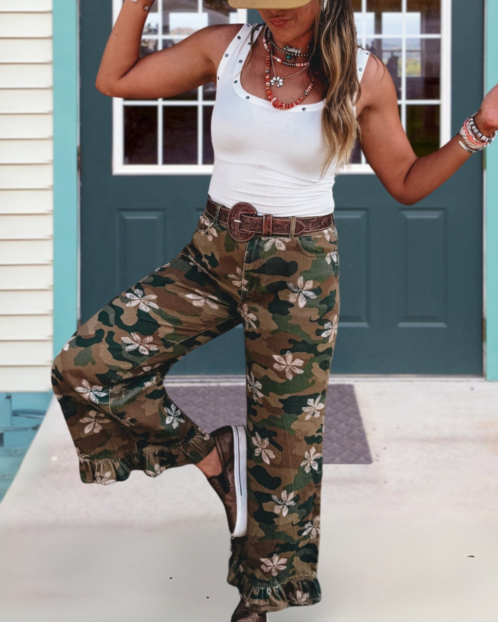 Camo Floral Ruffle Hem Pants