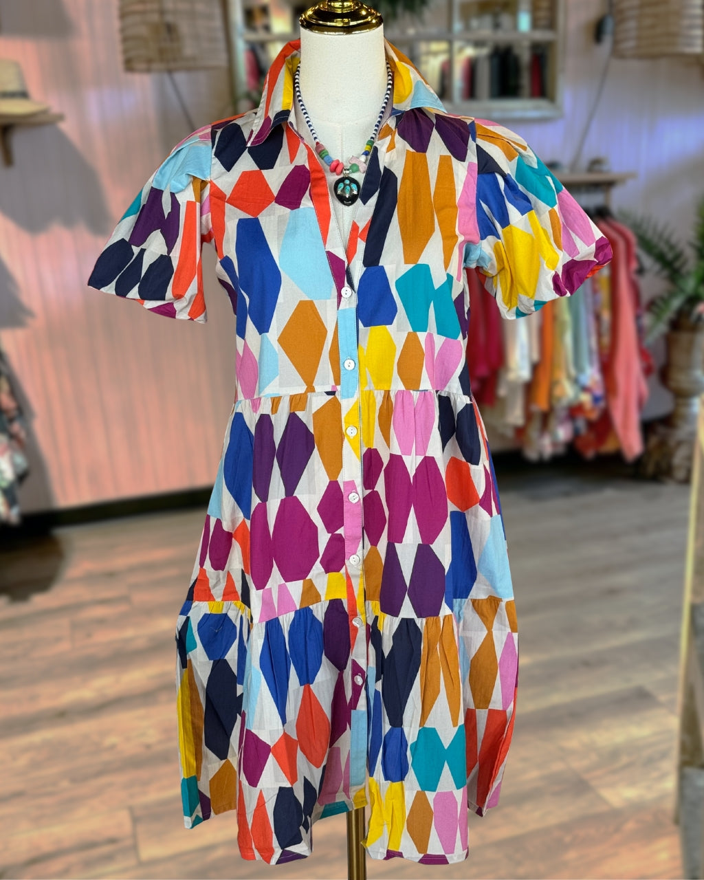 Colorful Geometric Satin Shirt Dress