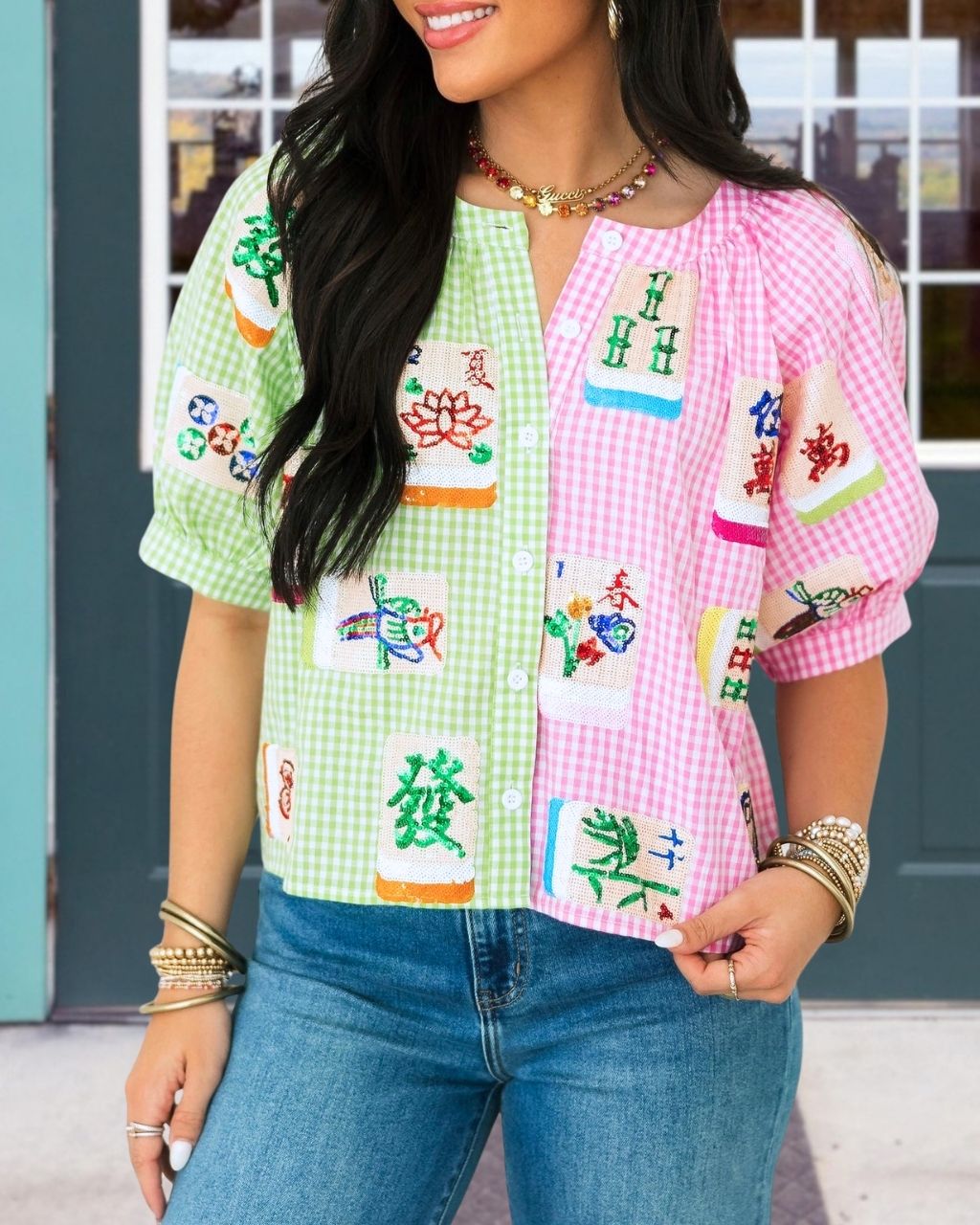 Contrast Checkered Mahjong Sequin Shirt