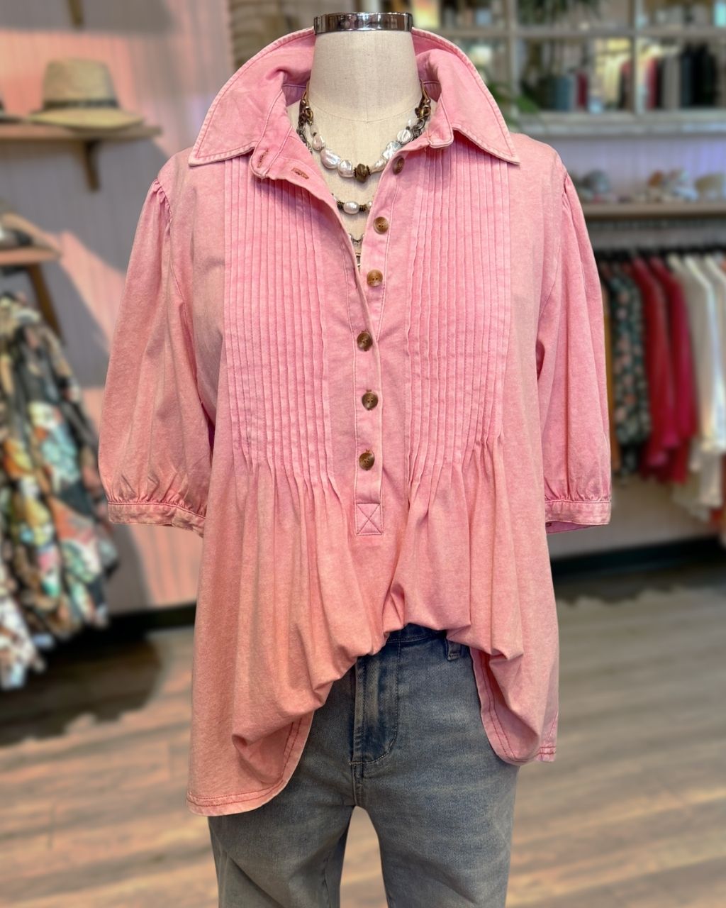 Washed Pleated Half-open Collar Top