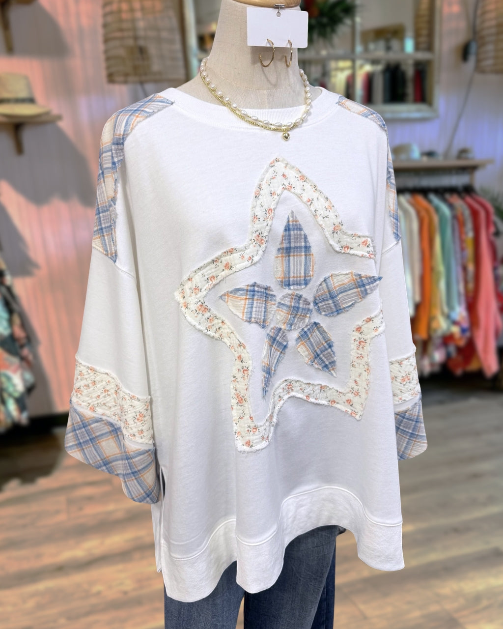 Oversized Floral Plaid Appliqué Top