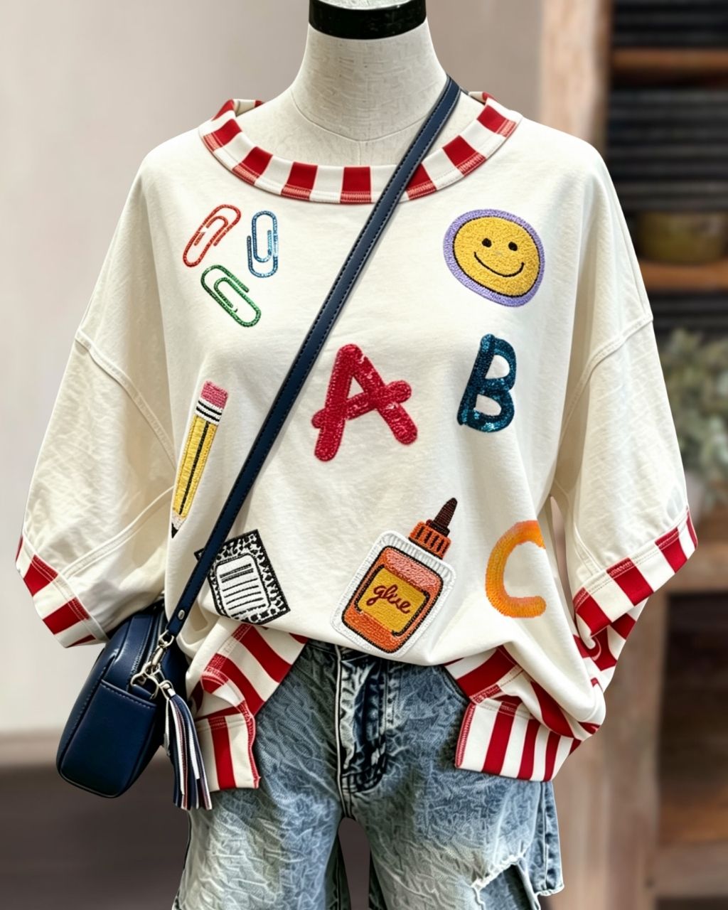 School Tool Sequined Striped Trim Top
