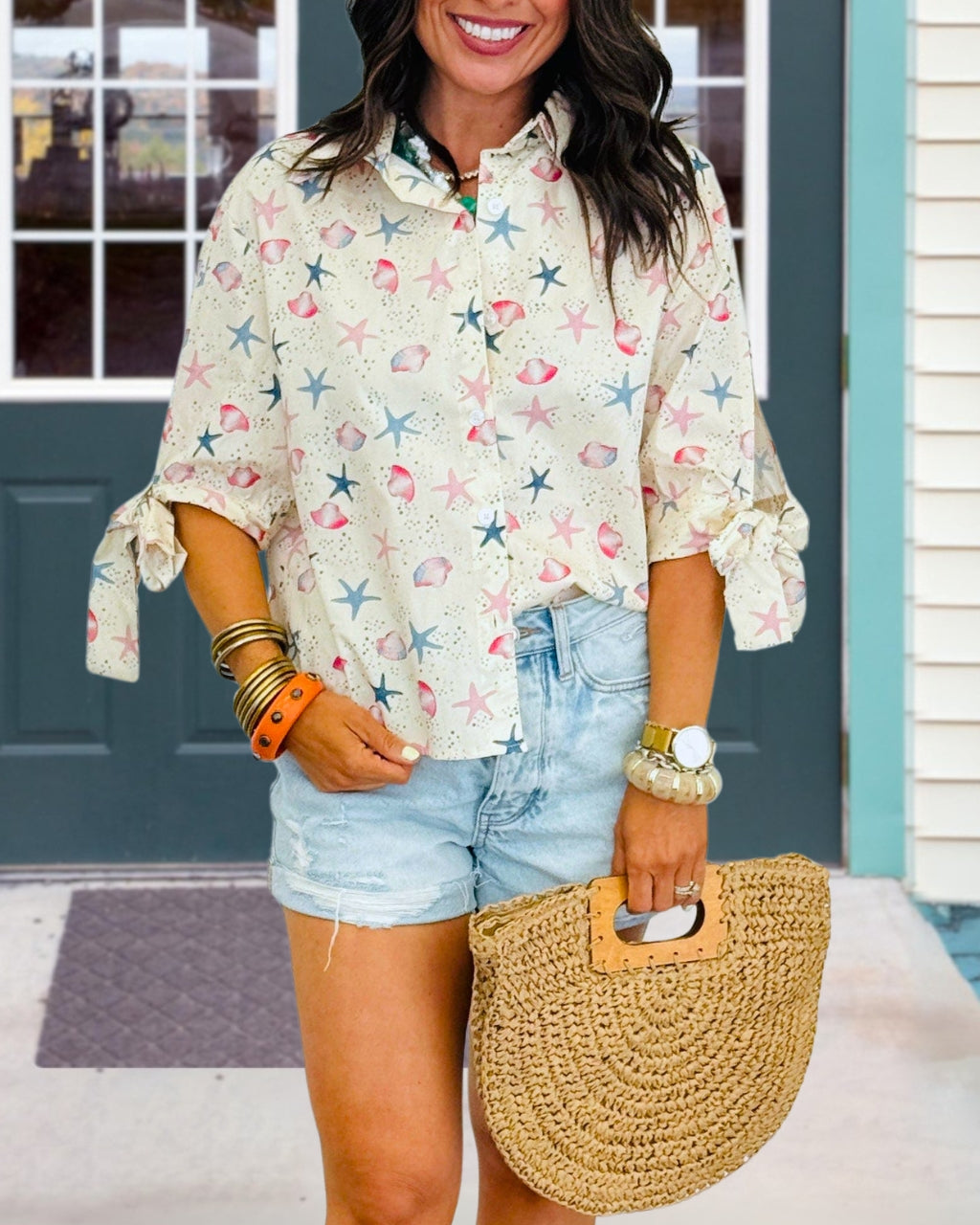 Chic Starfish Seashell Satin Shirt