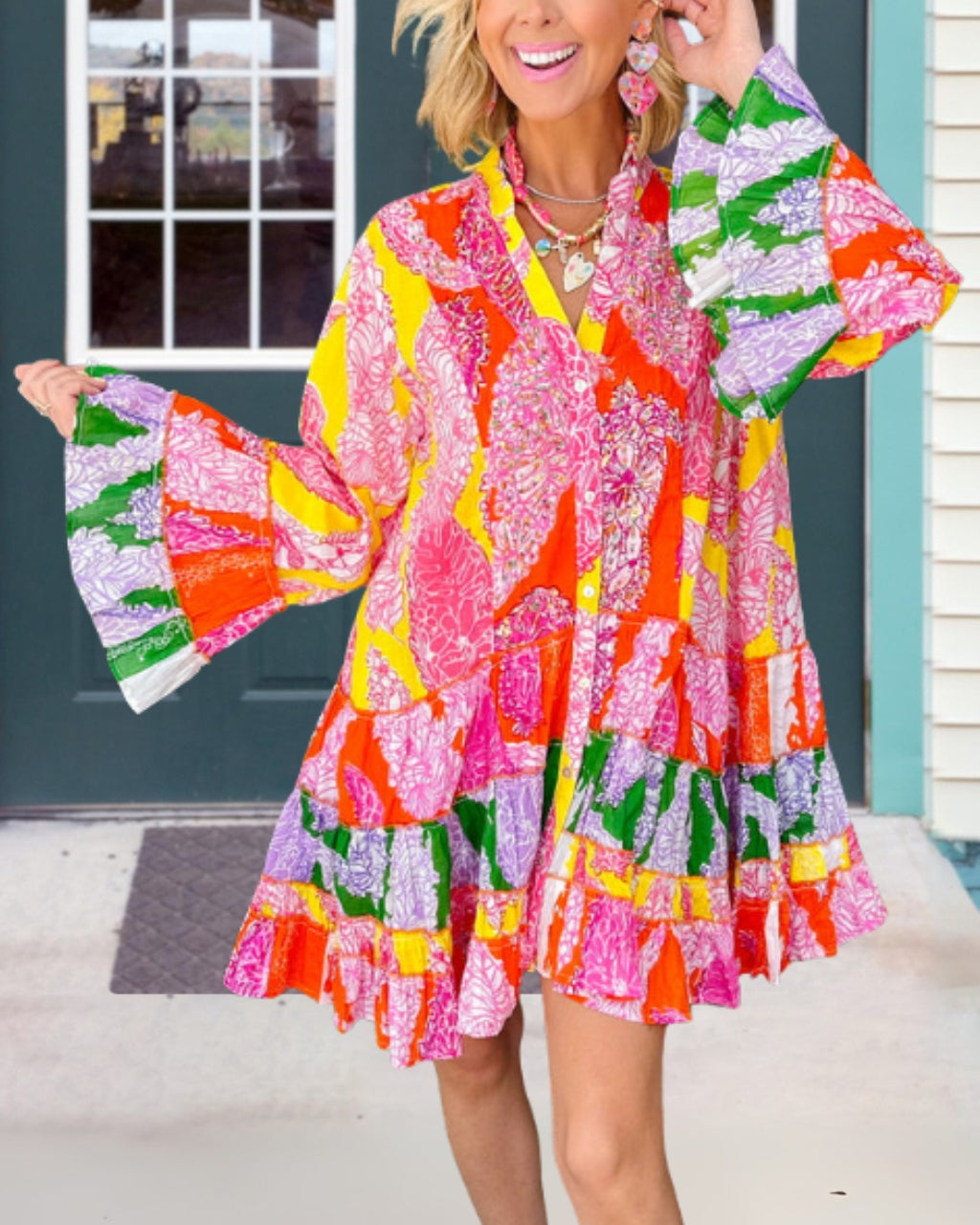 Colorful Floral Bell-Sleeve Dress