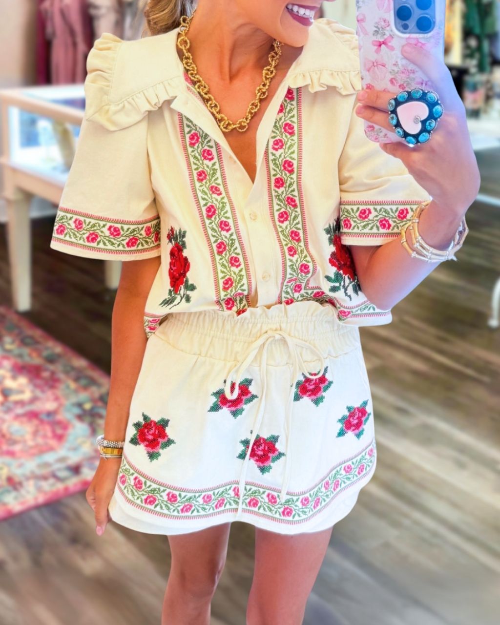 Floral-embroidered Collared Skirt Set