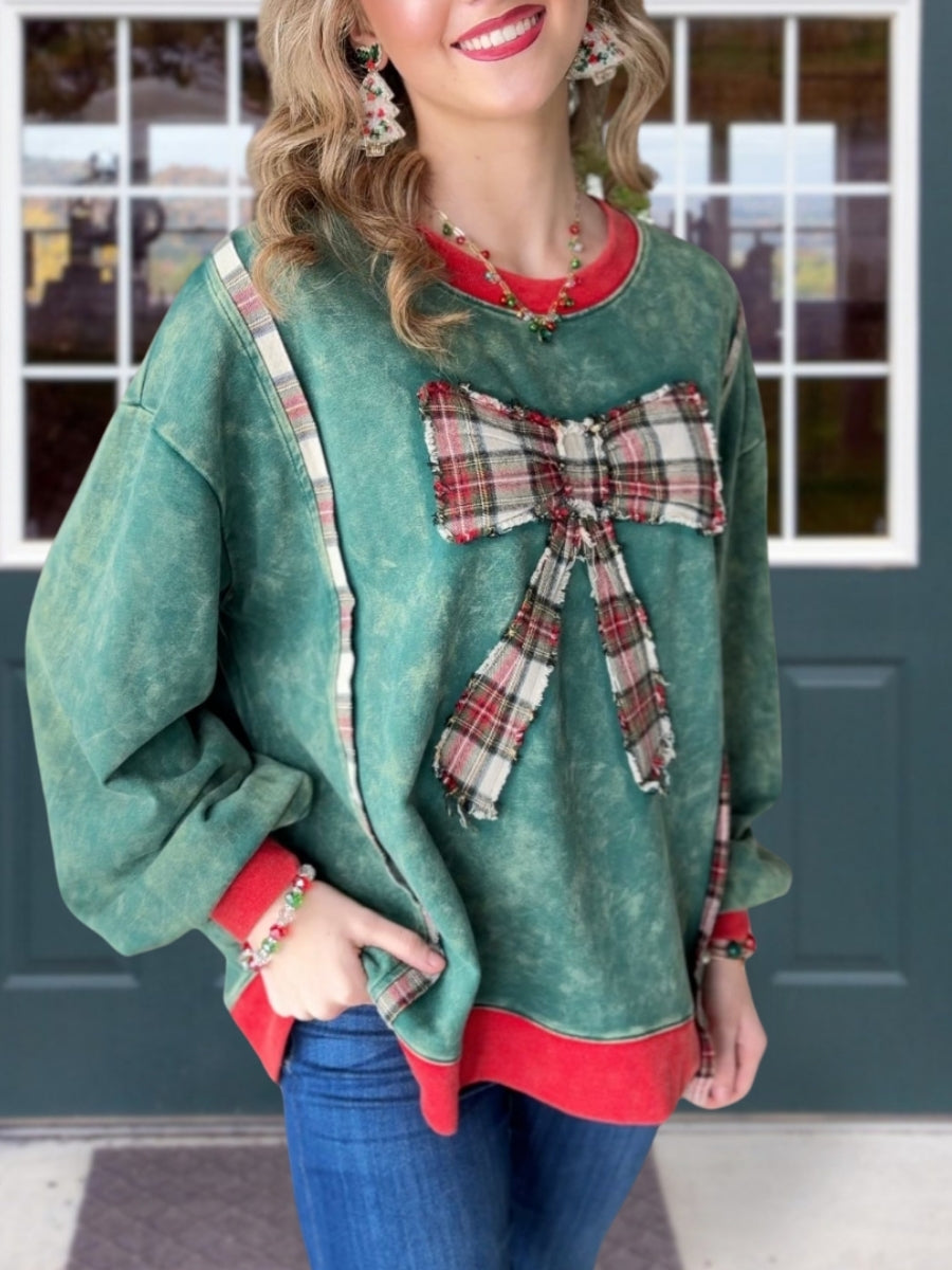 Bow-Tie Washed Distressed Patch Pullover