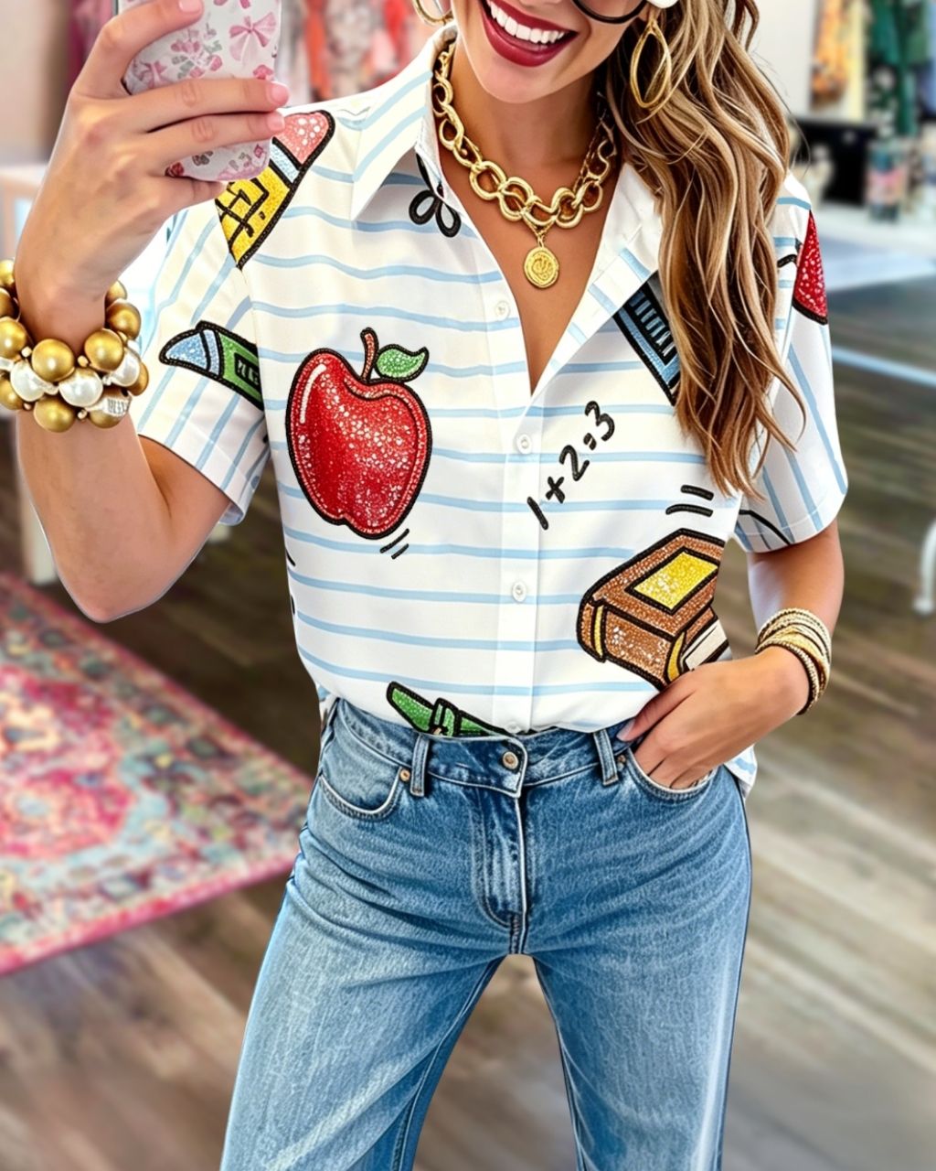 School Supplies Sequined Striped Shirt