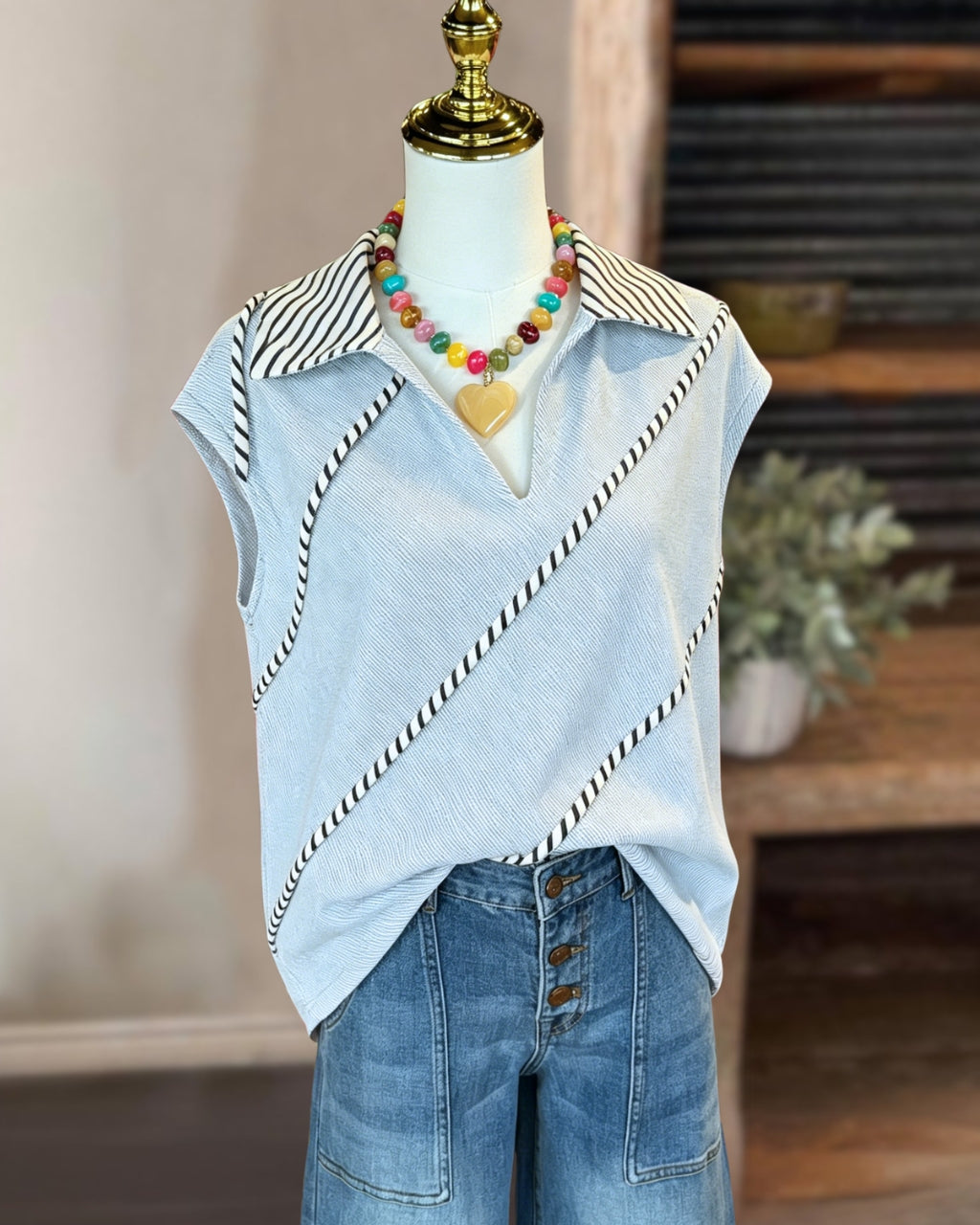 Diagonal Striped Collared Top