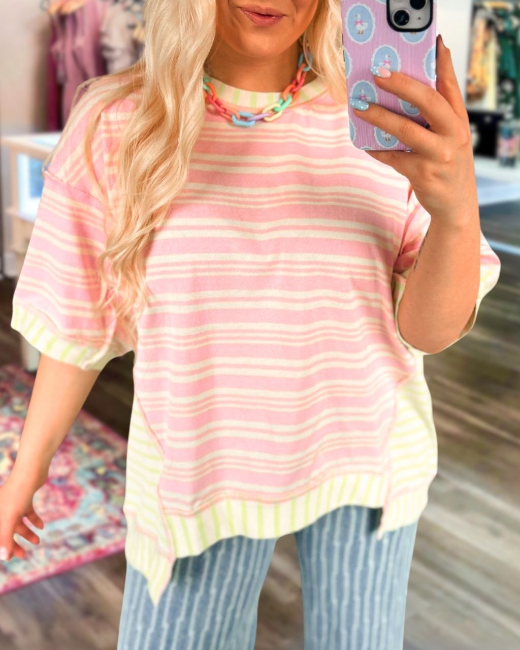 Color-blocked Striped Loose T-shirt