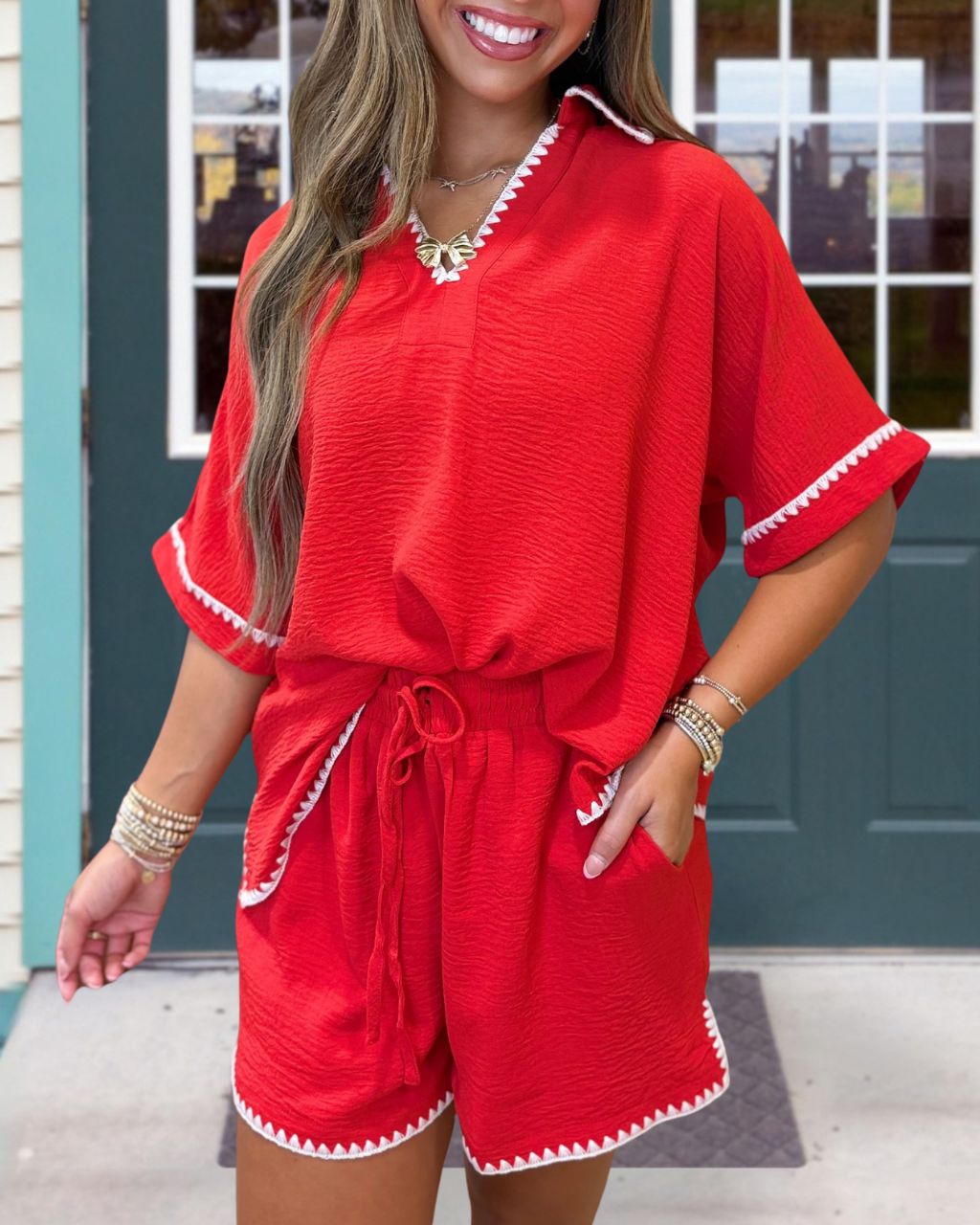 Wavy Embroidered Trim Shorts Set