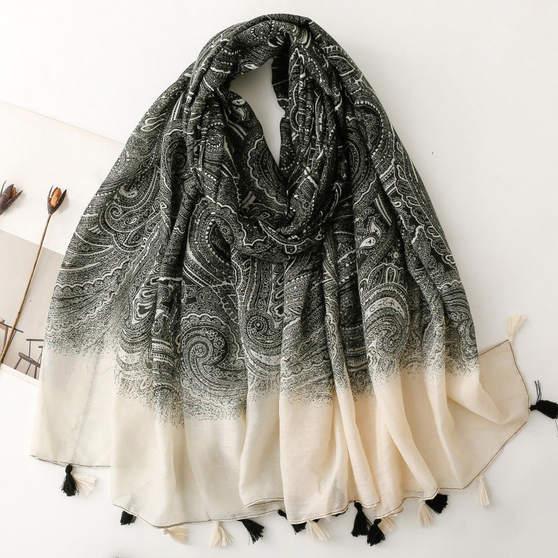 Paisley Tassel Gradient Silk Scarf