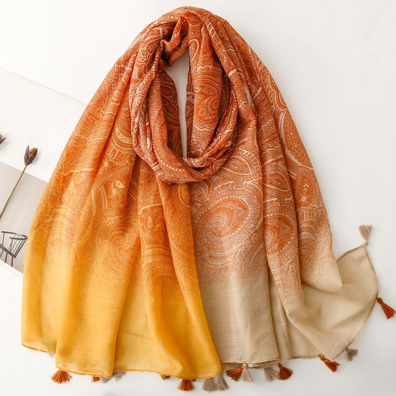 Paisley Tassel Gradient Silk Scarf