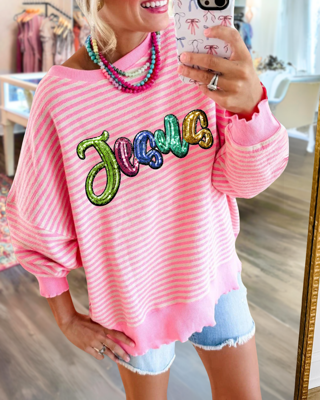 Colorful Jesus Sequined Striped Sweatshirt