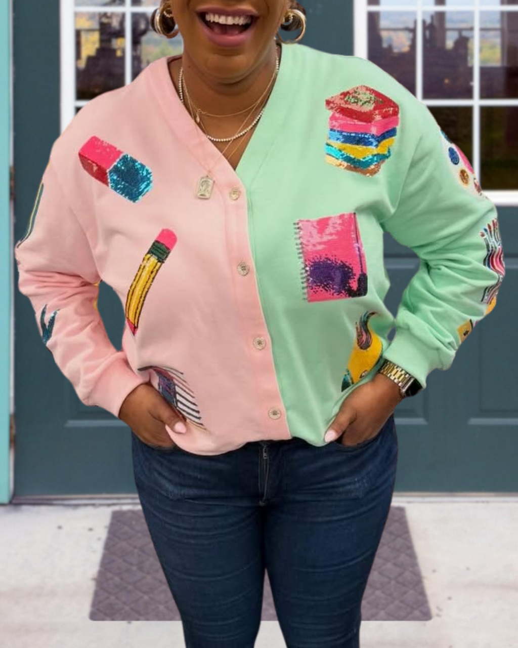 School Supplies Sequin Color-block Cardigan