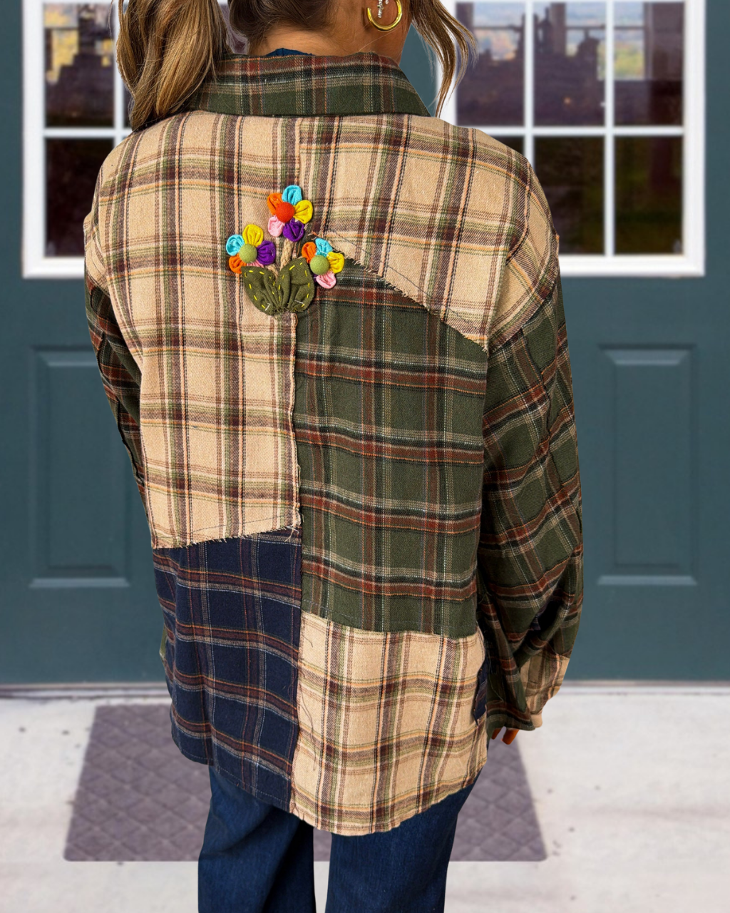 Floral Embroidery Brushed Plaid Patchwork Shirt