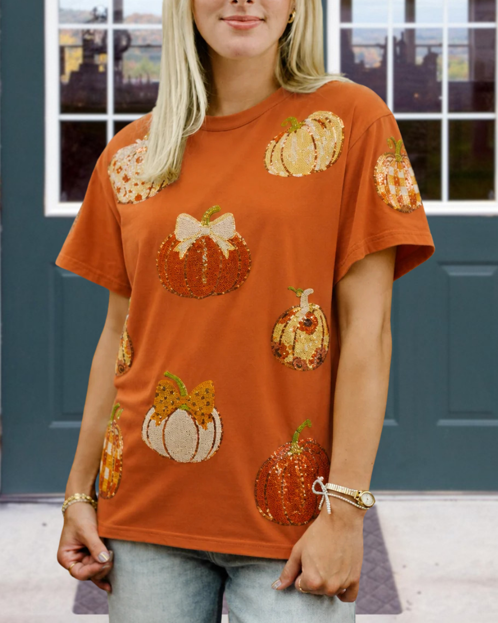 Sparkling Bow Pumpkin Sequin T-shirt
