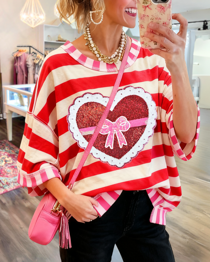 Oversized Heart Striped T-shirt