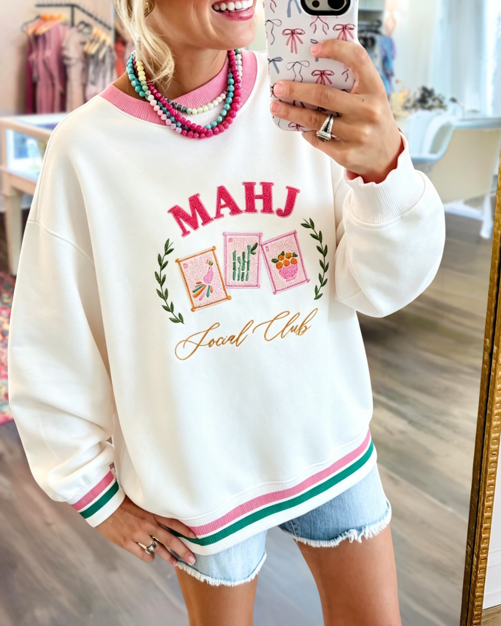 Mahjong-Embroidered Contrast Trim Sweatshirt