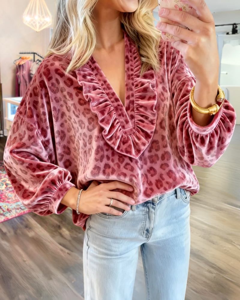 Leopard Print Velvet V-neck Pullover