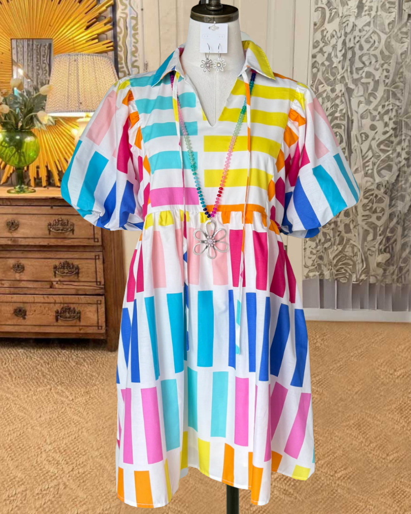 Playful Rainbow Check Satin Dress