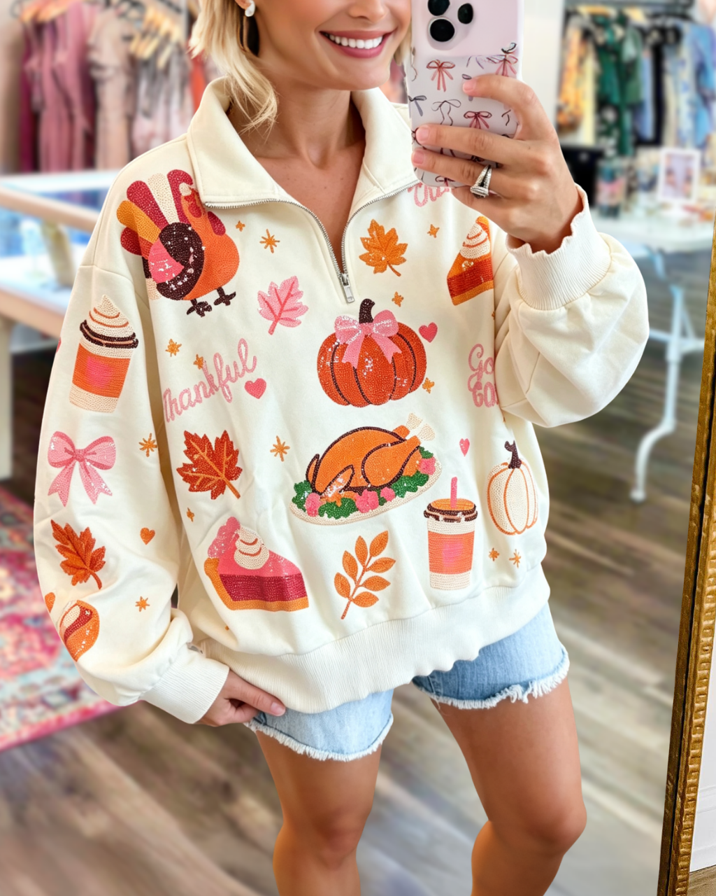 Fall Feast Graphic Sequin Quarter-Zip Pullover