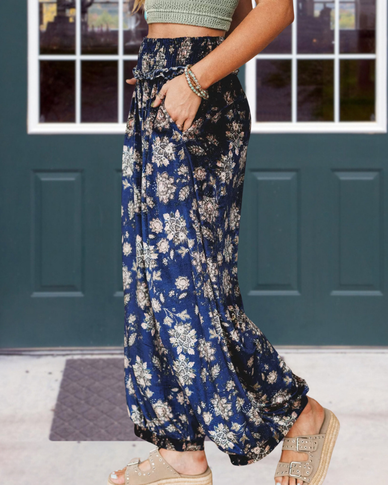 Floral Wide-Leg Ruffle Pants