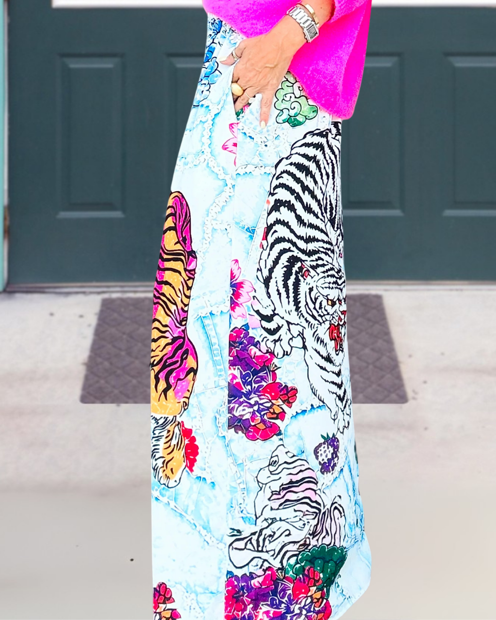 Italian Tiger And Floral Pattern Pants
