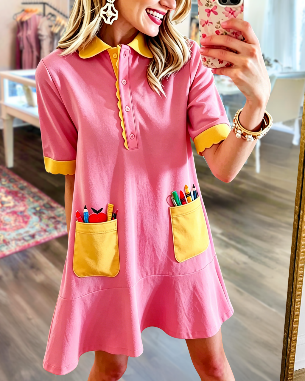 School Supplies Embroidered Colorblocked Dress