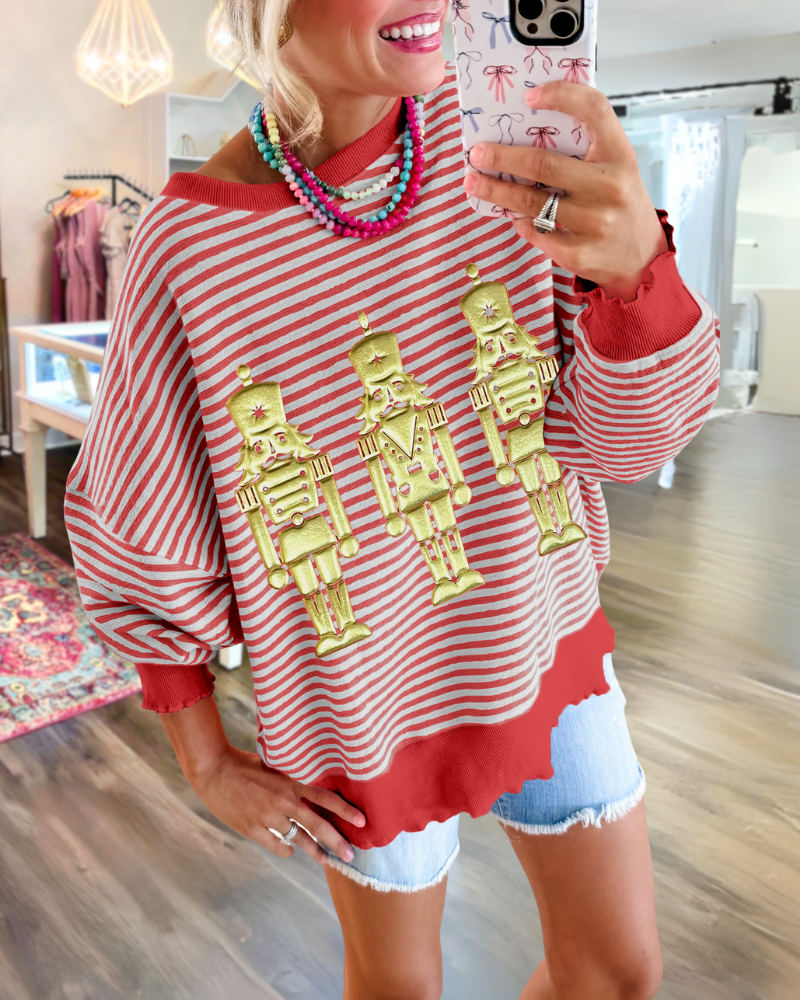 Nutcracker Soldier Print Striped Sweatshirt