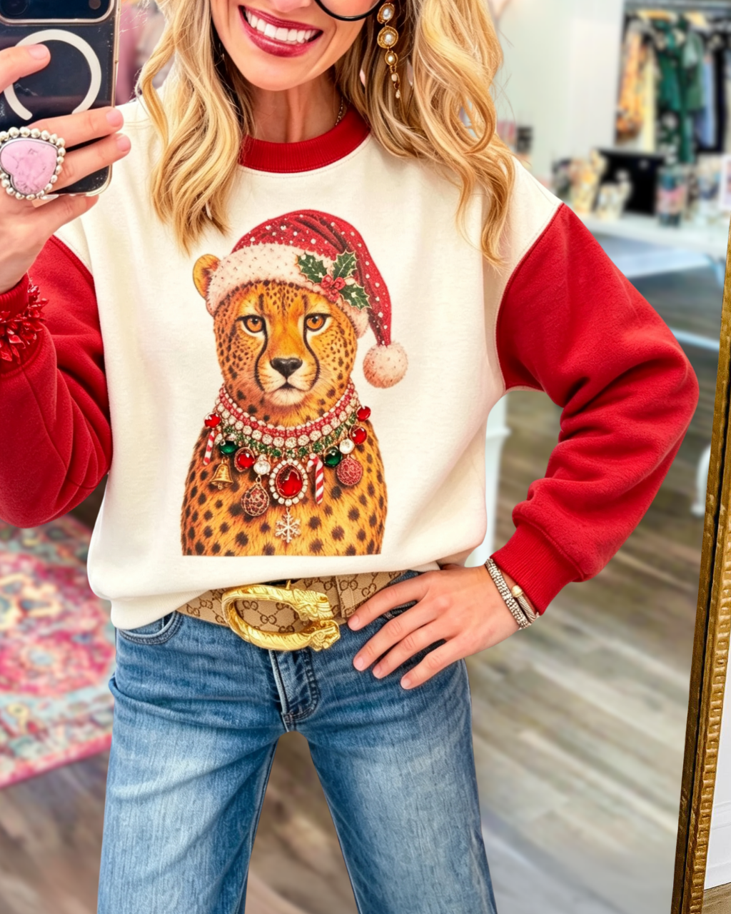 Christmas Cheetah-Print Colorblock Pullover