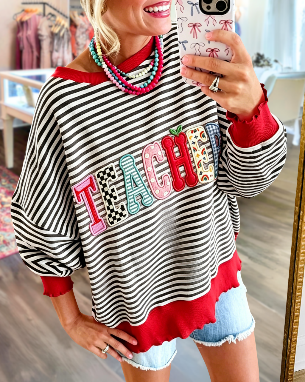 TEACHER Embroidered Striped Sweatshirt