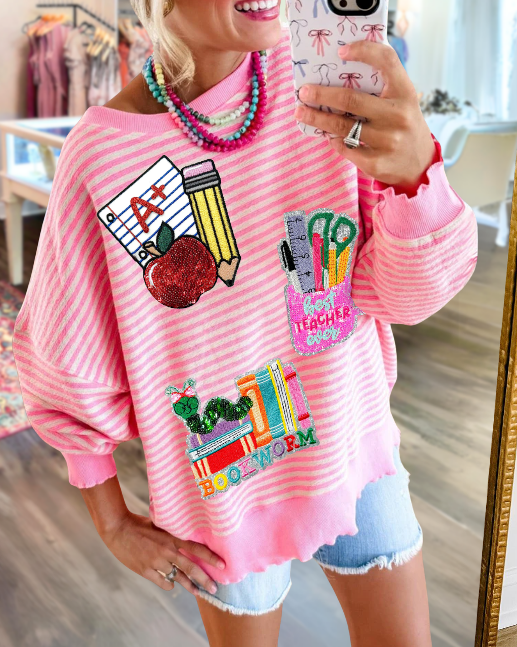 School Supplies Sequined Striped Sweatshirt