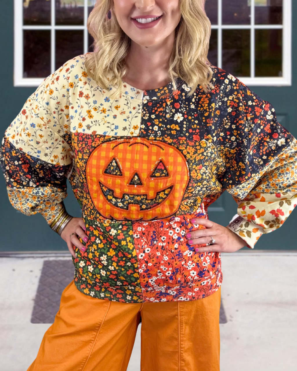 Colorful Patchwork Floral Pumpkin Pullover