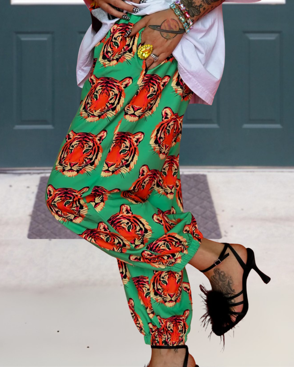 Full Print Tiger Head Satin Pants