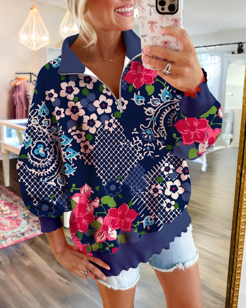 Retro Floral Half-zip Pullover
